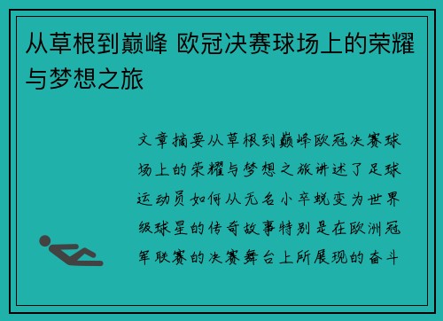 从草根到巅峰 欧冠决赛球场上的荣耀与梦想之旅