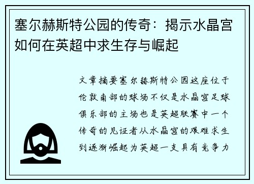 塞尔赫斯特公园的传奇：揭示水晶宫如何在英超中求生存与崛起